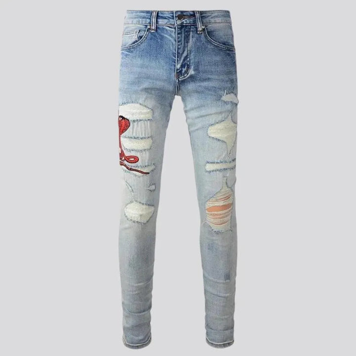 Sanded embroidered skinny red-cobra men's jeans