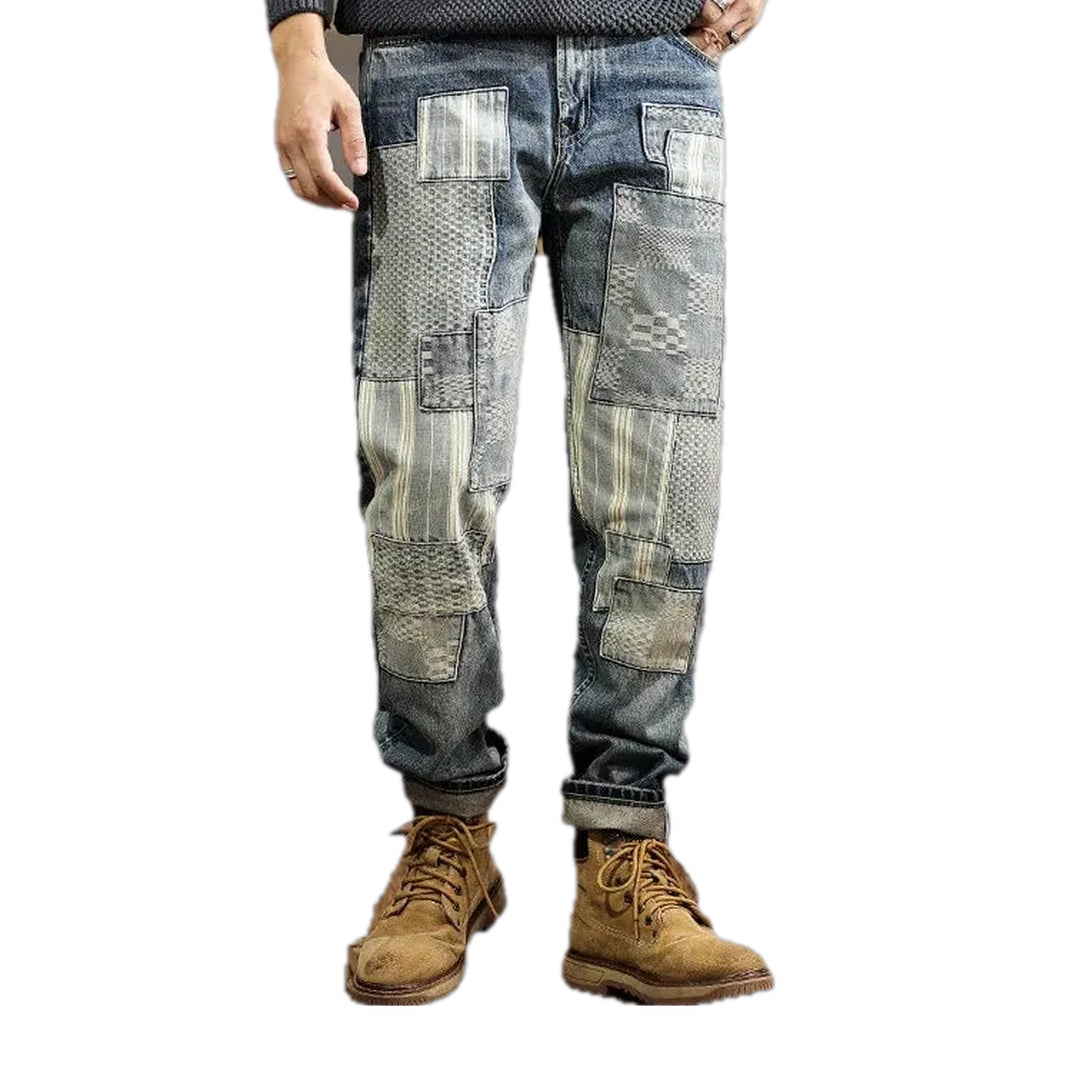 Checkerboard Striped Loose Jeans for Men - Blue
