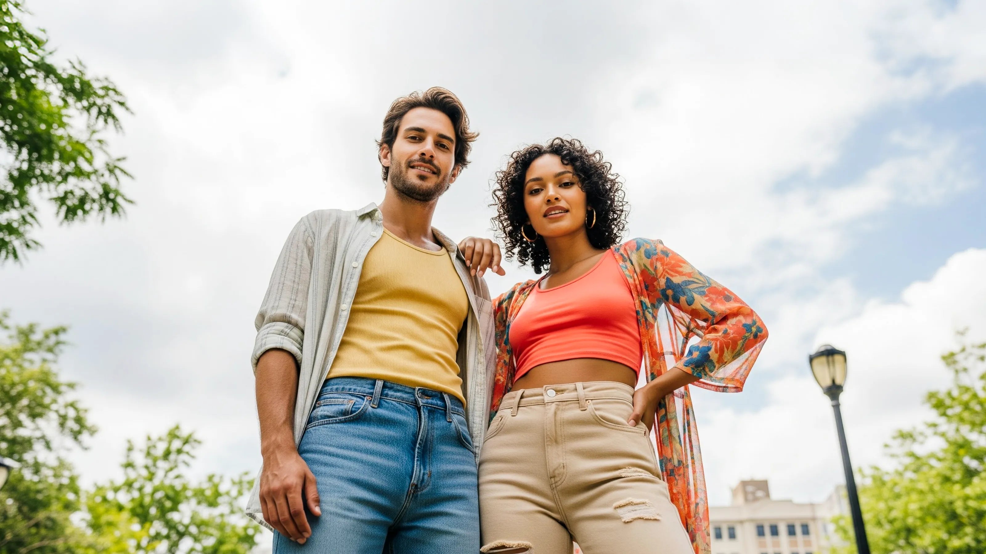 Two people standing outdoors with trees and a building in the background